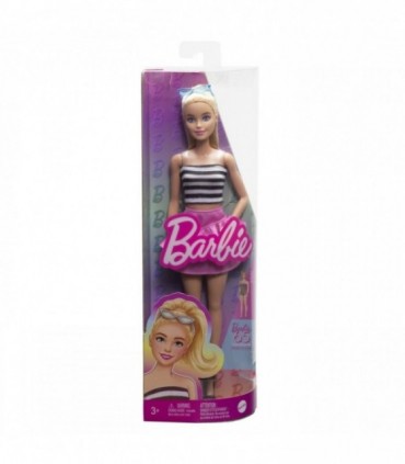 Barbie Fashionista Blonda Cu Parul Prins In Coada Si Fusta Roz